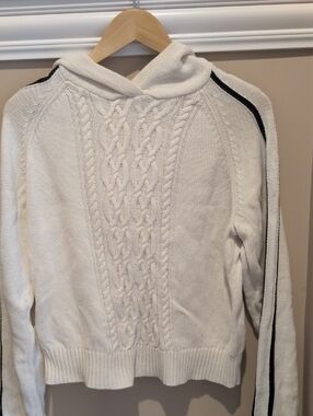 Petite Studio Cream Cable-Knit Crewneck Sweater with Black Stripe
